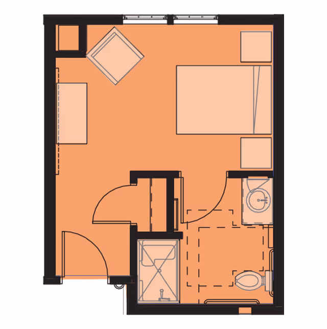 Floor plan of a senior living facility unit showing a bedroom with a bed, two nightstands, a chair, and a dresser. The unit also includes a bathroom with a shower, toilet, and sink.
