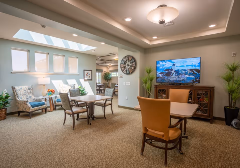 Bright communal living area with tables and chairs, upholstered armchairs by windows, a TV on a cabinet, and skylights above.