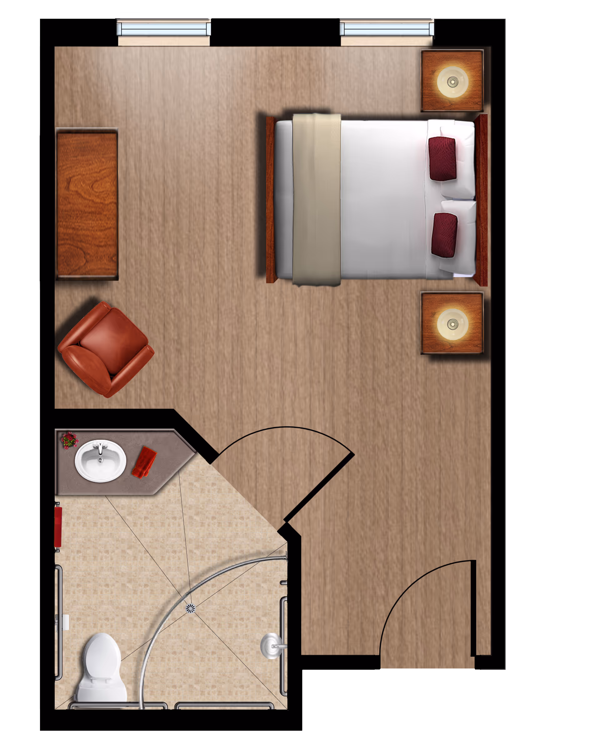 Top-down floor plan of a small living space featuring a bedroom area with a bed, two nightstands with lamps, a dresser, and a chair. Adjacent to the bedroom is a bathroom with a toilet, sink, and a curved shower enclosure.