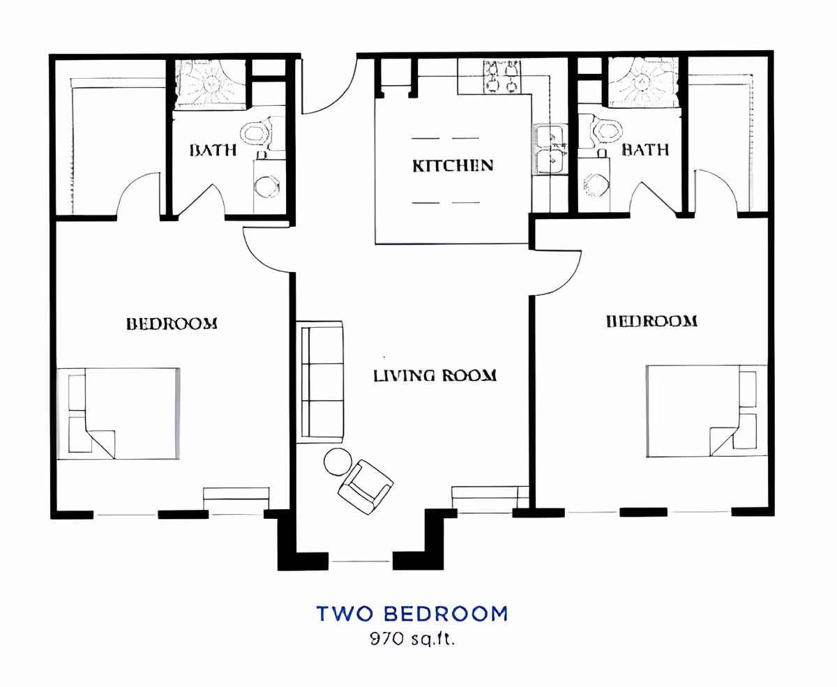 Floor plan of a two-bedroom apartment with a total area of 970 square feet. The layout includes two bedrooms, each with a bed and closet, two bathrooms adjacent to each bedroom, a central living room furnished with a sofa, chair, and table, and a kitchen area with appliances and counters.