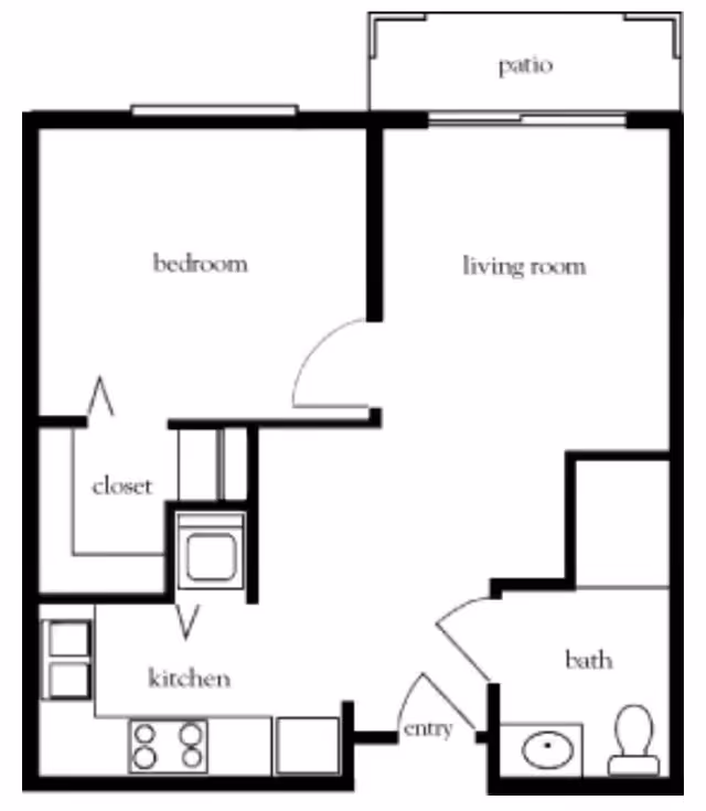 Floor plan of a one-bedroom apartment featuring a bedroom with a closet, a kitchen with stove and sink, a living room with access to a patio, an entry area, and a bathroom with a sink and toilet.