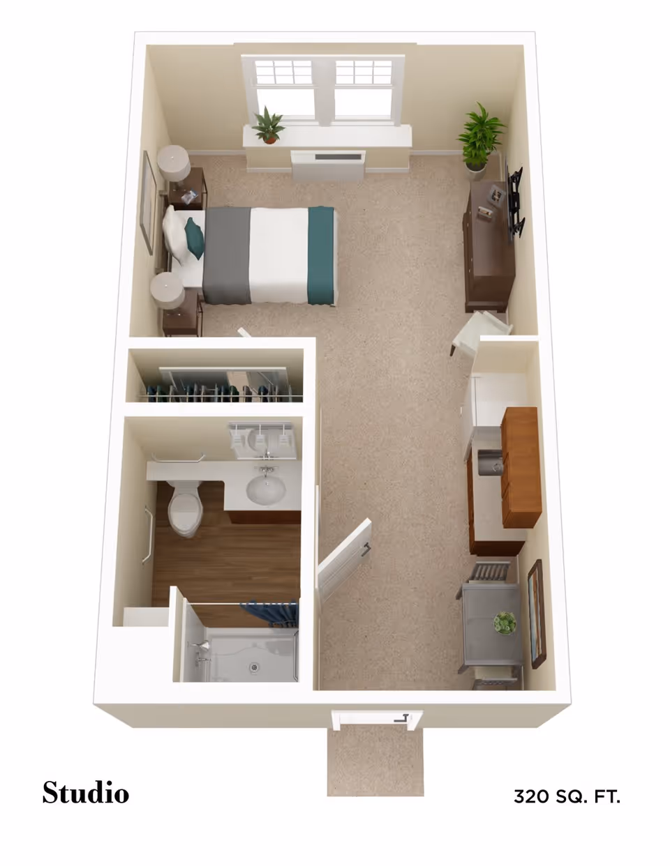3D floor plan of a 320 square foot studio apartment showing a combined living and sleeping area with a bed, two nightstands with lamps, a dresser with a TV, a small dining table with two chairs, and a kitchenette. There is a separate bathroom with a toilet, sink, and shower. The apartment has two windows and a closet near the bathroom.