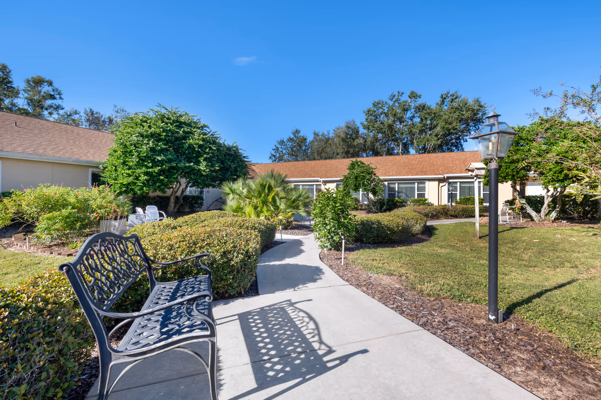 Outdoor garden area at Brookdale Winter Haven with a paved walkway, a black metal bench, trimmed bushes, trees, and a lamp post under a clear blue sky.
