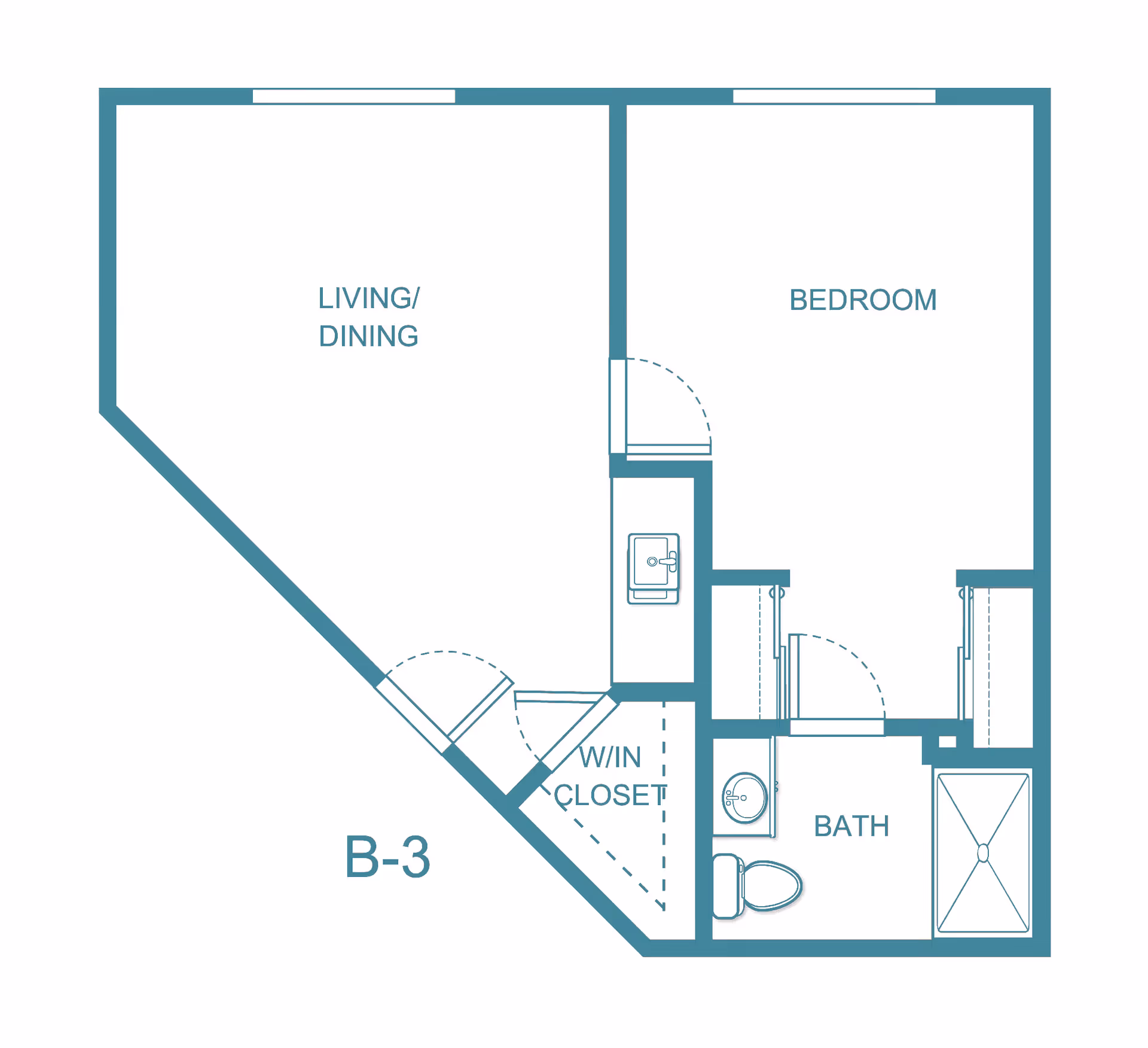 Floor plan layout labeled B-3 showing a living/dining area, a bedroom, a walk-in closet, and a bathroom with a sink, toilet, and shower.