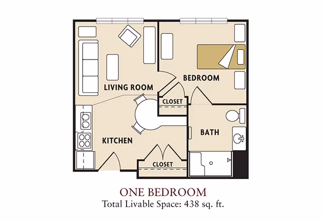 Diagram of a one-bedroom floor plan showing a living room, kitchen, bedroom, bathroom, closets and labeled total livable space of 438 sq. ft.