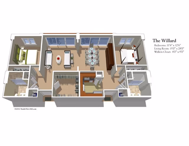 3D floor plan of The Willard apartment unit showing two bedrooms, a living room, a dining area, two bathrooms, and a walk-in closet. The layout includes furniture such as beds, sofas, dining table with chairs, and bathroom fixtures.