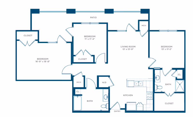Architectural floor plan of a senior living apartment at Somerby Sandy Springs Senior Living, showing three bedrooms, two bathrooms, a kitchen, living room, closets, mechanical rooms, a washer/dryer area, and a patio.