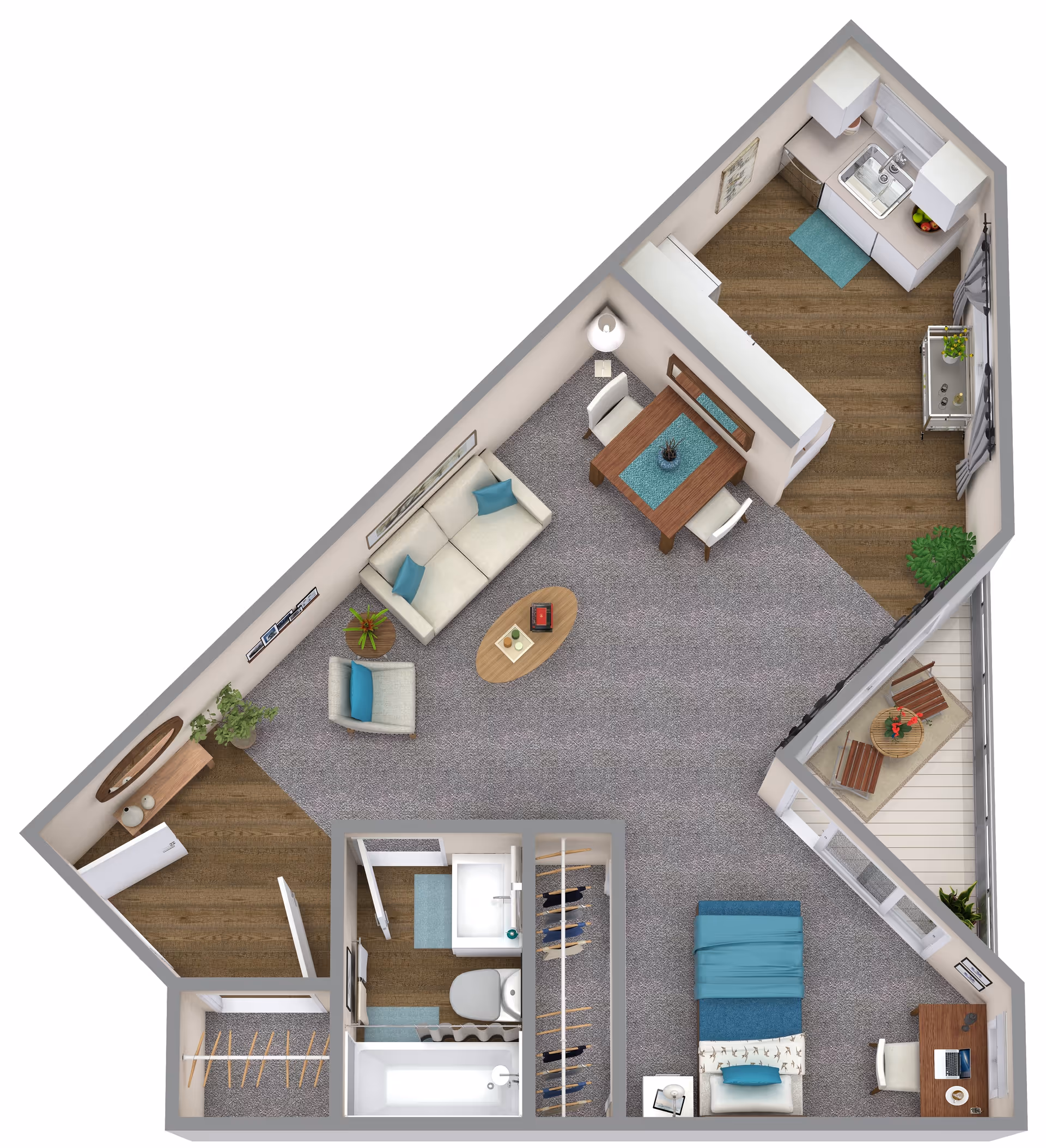 3D floor plan rendering of a one-bedroom apartment showing a living room, dining area, kitchen, bathroom, bedroom and balcony.