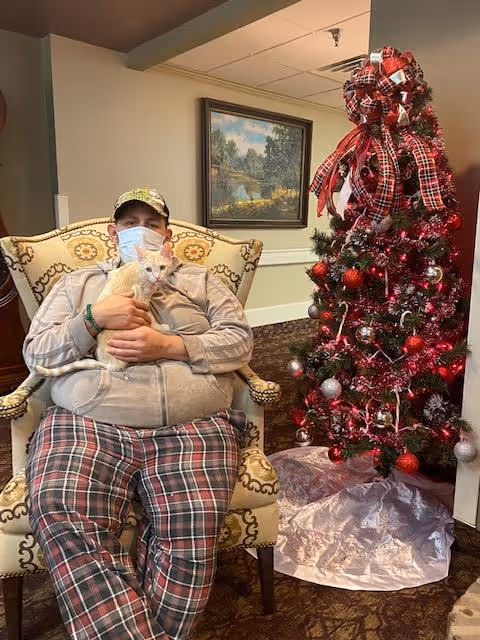 A person wearing a face mask, a cap, a beige jacket, and plaid pants is sitting in an upholstered armchair holding a light orange cat. Next to them is a decorated Christmas tree with red and silver ornaments and a large red plaid bow on top. A framed landscape painting hangs on the wall behind them.