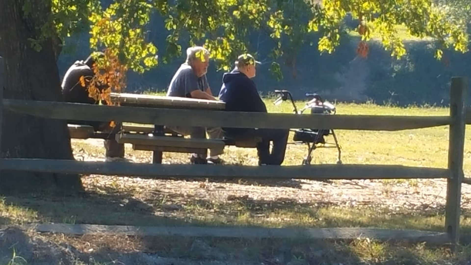Three people sit at a picnic table behind a wooden split-rail fence in a sunlit grassy park, with a walker nearby.