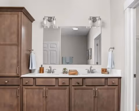 Double-sink bathroom vanity with large mirror, brown cabinets, and wall-mounted light fixtures.