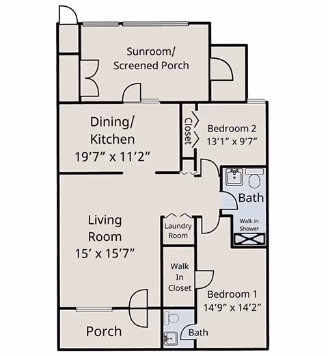Floor plan of a senior living apartment at Commonwealth Senior Living At Salisbury showing a porch, living room, dining/kitchen area, sunroom/screened porch, two bedrooms, two bathrooms, a laundry room, and walk-in closets.