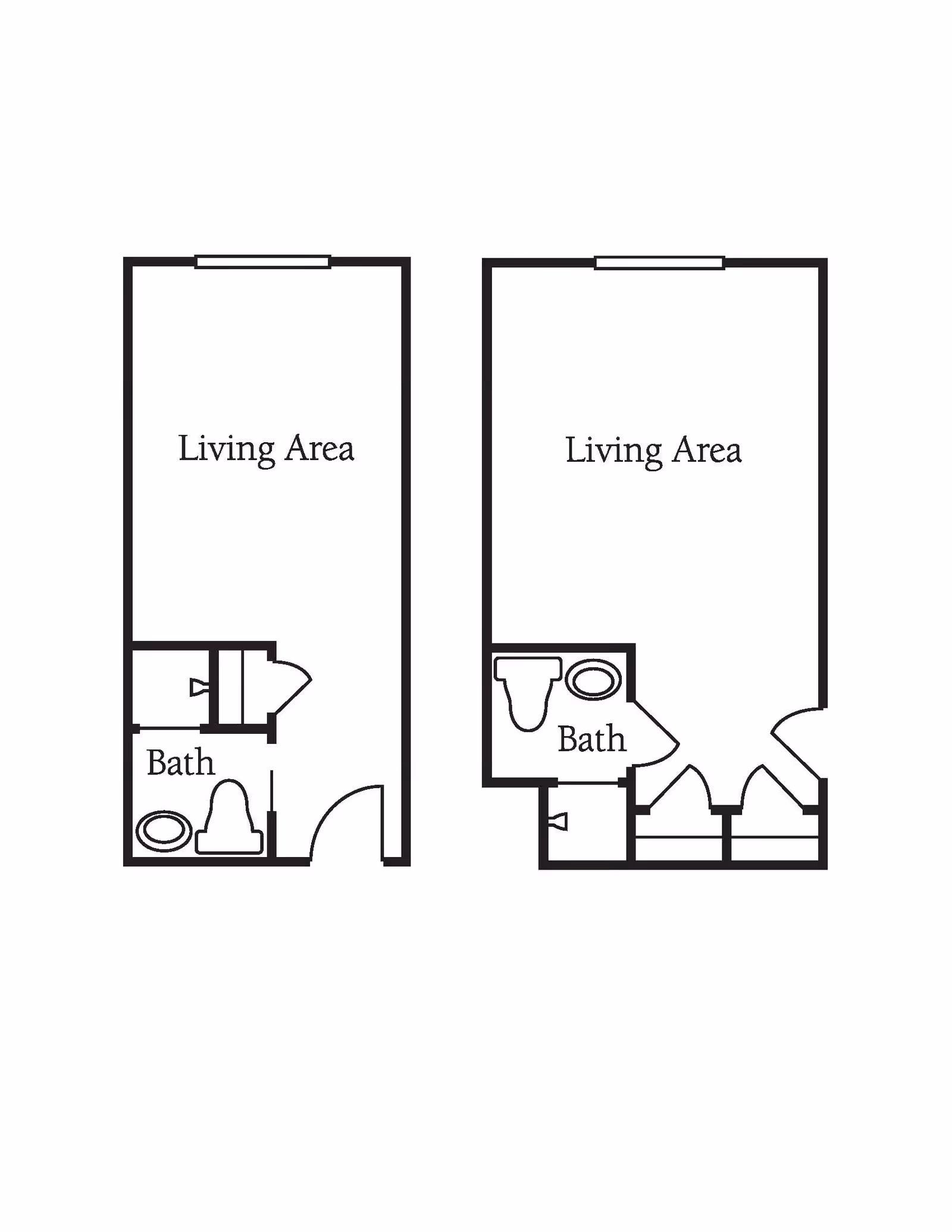 Black and white architectural floor plan showing two layouts, each with a living area and a bathroom labeled 'Bath'.