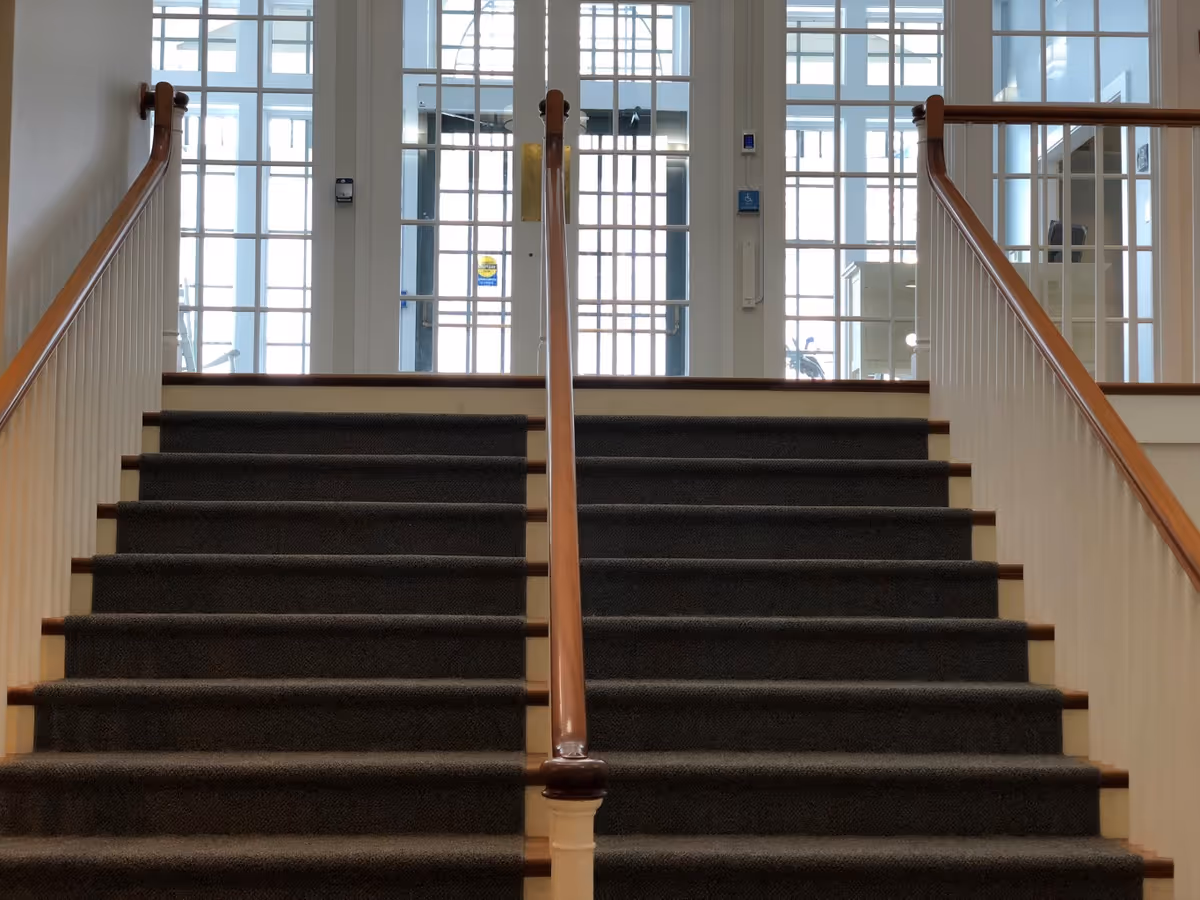 Carpeted staircase with wooden handrails on both sides leading up to a set of glass doors with multiple window panes, allowing natural light to enter the interior space.