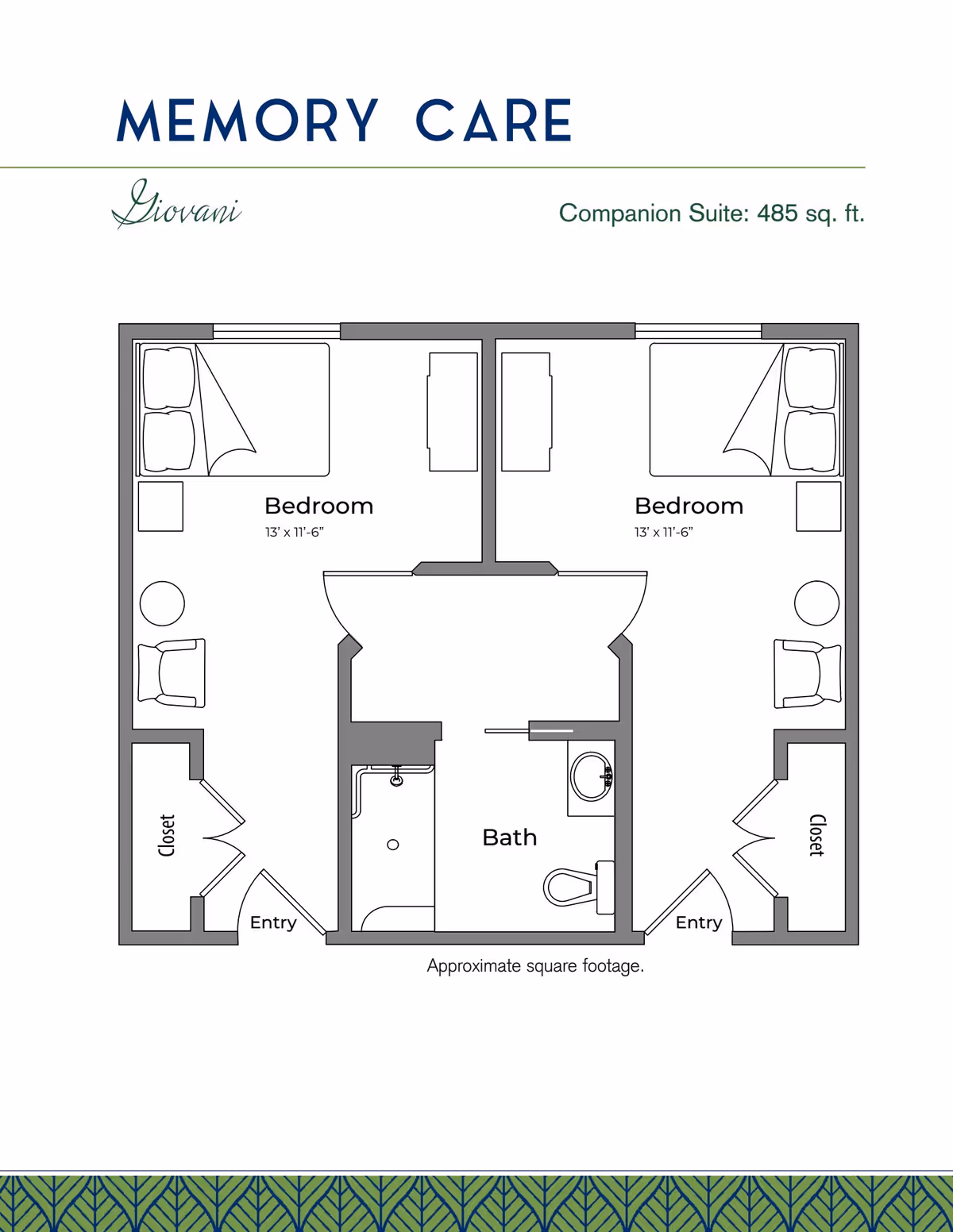 Floor plan of a memory care companion suite named Giovani, showing two bedrooms each measuring 13 feet by 11 feet 6 inches, each with a bed, chair, and closet. The bedrooms share a central bathroom with a bathtub, toilet, and sink. Each bedroom has its own entry. The total area is approximately 485 square feet.