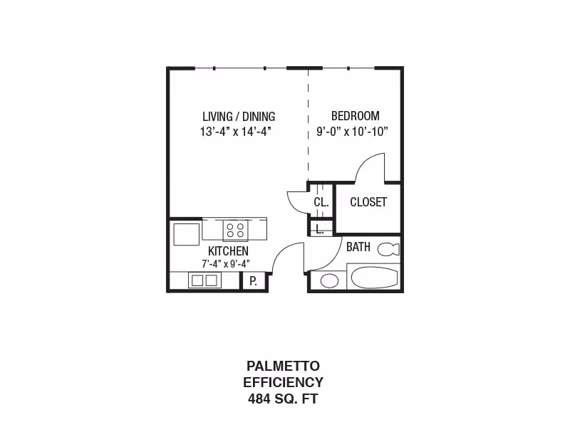 Floor plan of a Palmetto Efficiency apartment at Rolling Green Village showing a living/dining area measuring 13 feet 4 inches by 14 feet 4 inches, a kitchen measuring 7 feet 4 inches by 9 feet 4 inches, a bedroom measuring 9 feet by 10 feet 10 inches, a closet, and a bathroom. The total area is 484 square feet.
