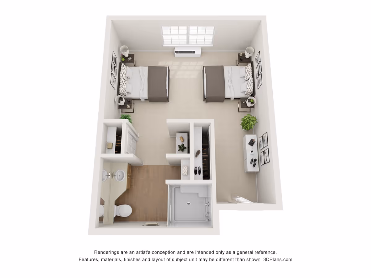 Top-down 3D floor plan rendering showing a two-bed apartment layout with a bathroom, shower, closets and windowed living area.