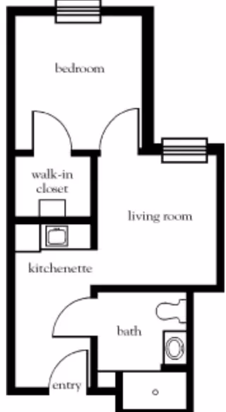 Floor plan of a living space at Atria Copeland showing a bedroom, walk-in closet, kitchenette, living room, bath, and entry area.