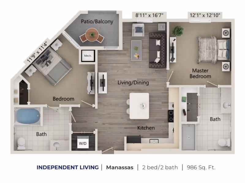 Rendered floor plan of a two-bedroom, two-bath apartment showing a living/dining area, kitchen, patio/balcony and labeled rooms.