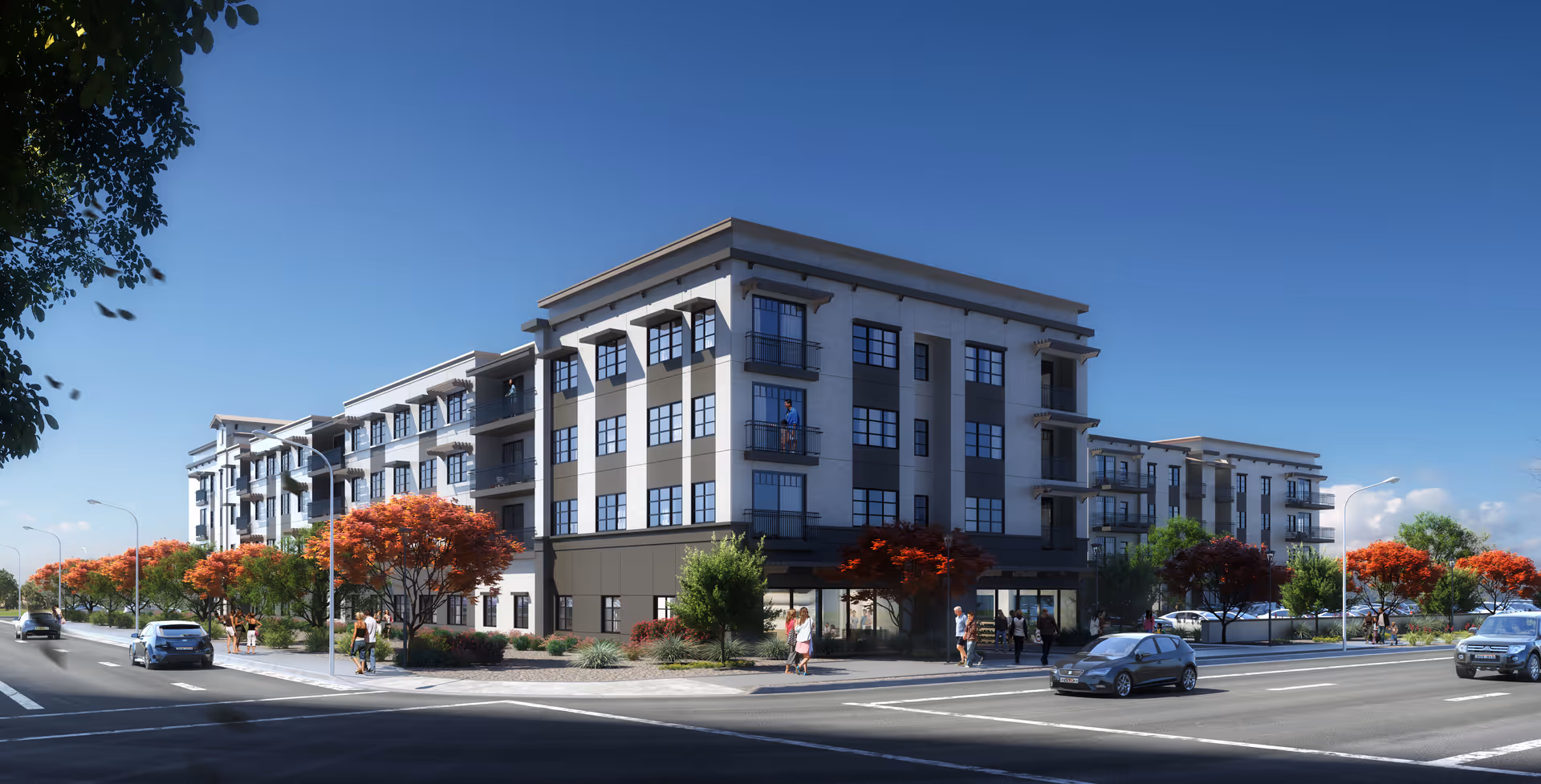 Modern multi-story senior living building along a tree-lined street with pedestrians.