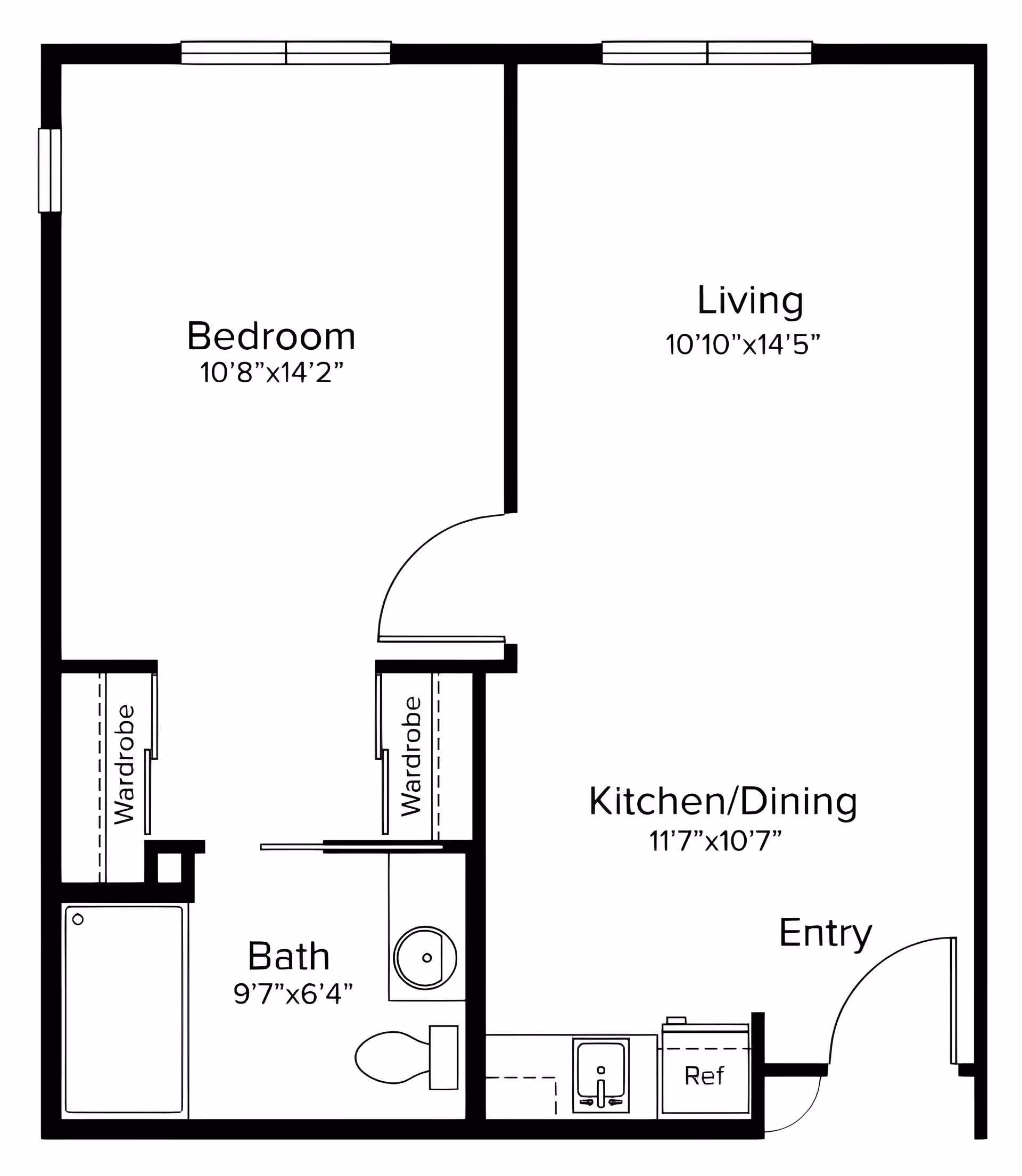 Floor plan of a one-bedroom apartment at Paradise Village showing a bedroom, living room, kitchen/dining area, bathroom, two wardrobes, and an entry door. Dimensions are provided for each room.