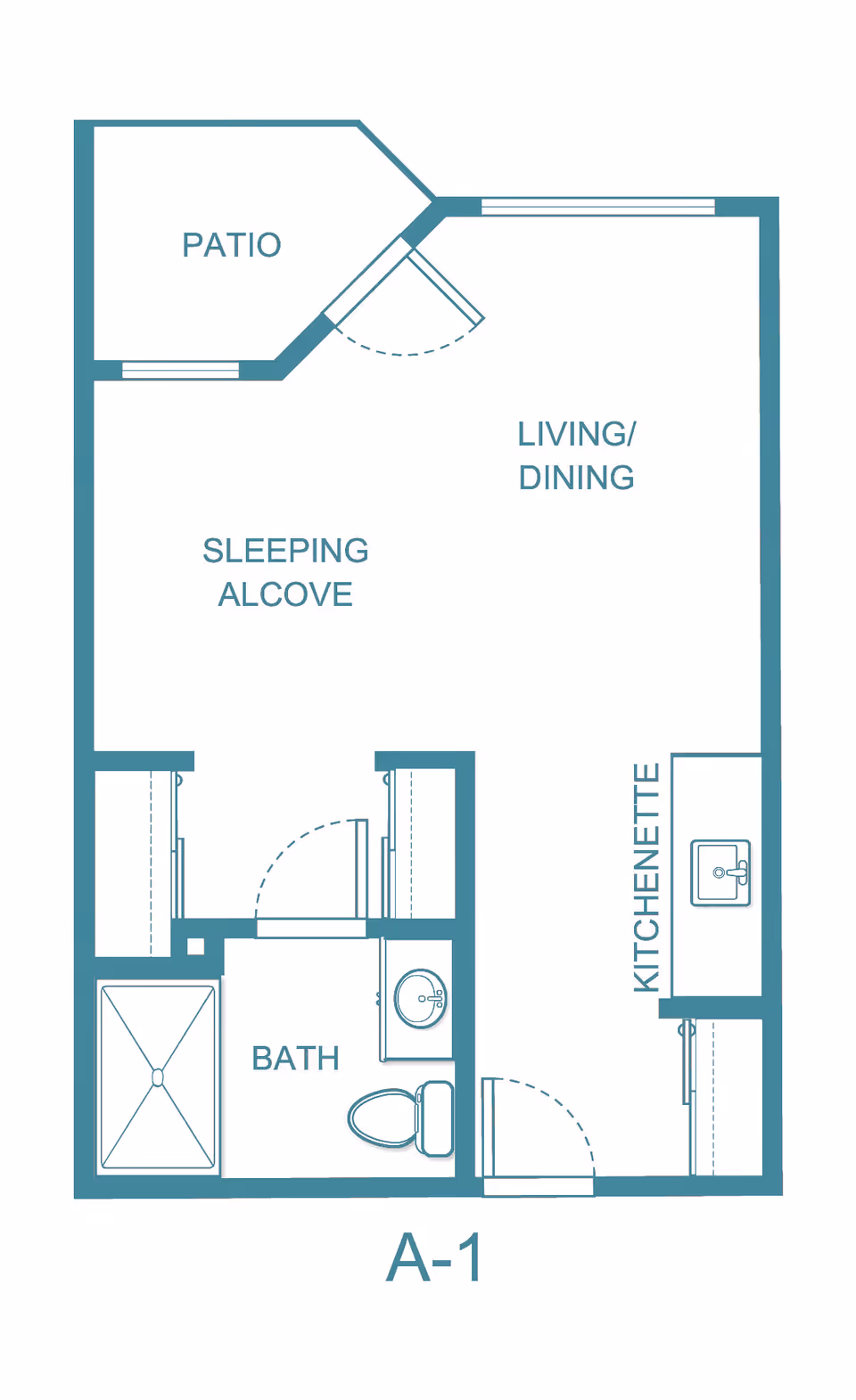 Floor plan layout of a senior living unit labeled A-1, featuring a patio, sleeping alcove, living/dining area, kitchenette, and a bathroom with a shower, toilet, and sink.