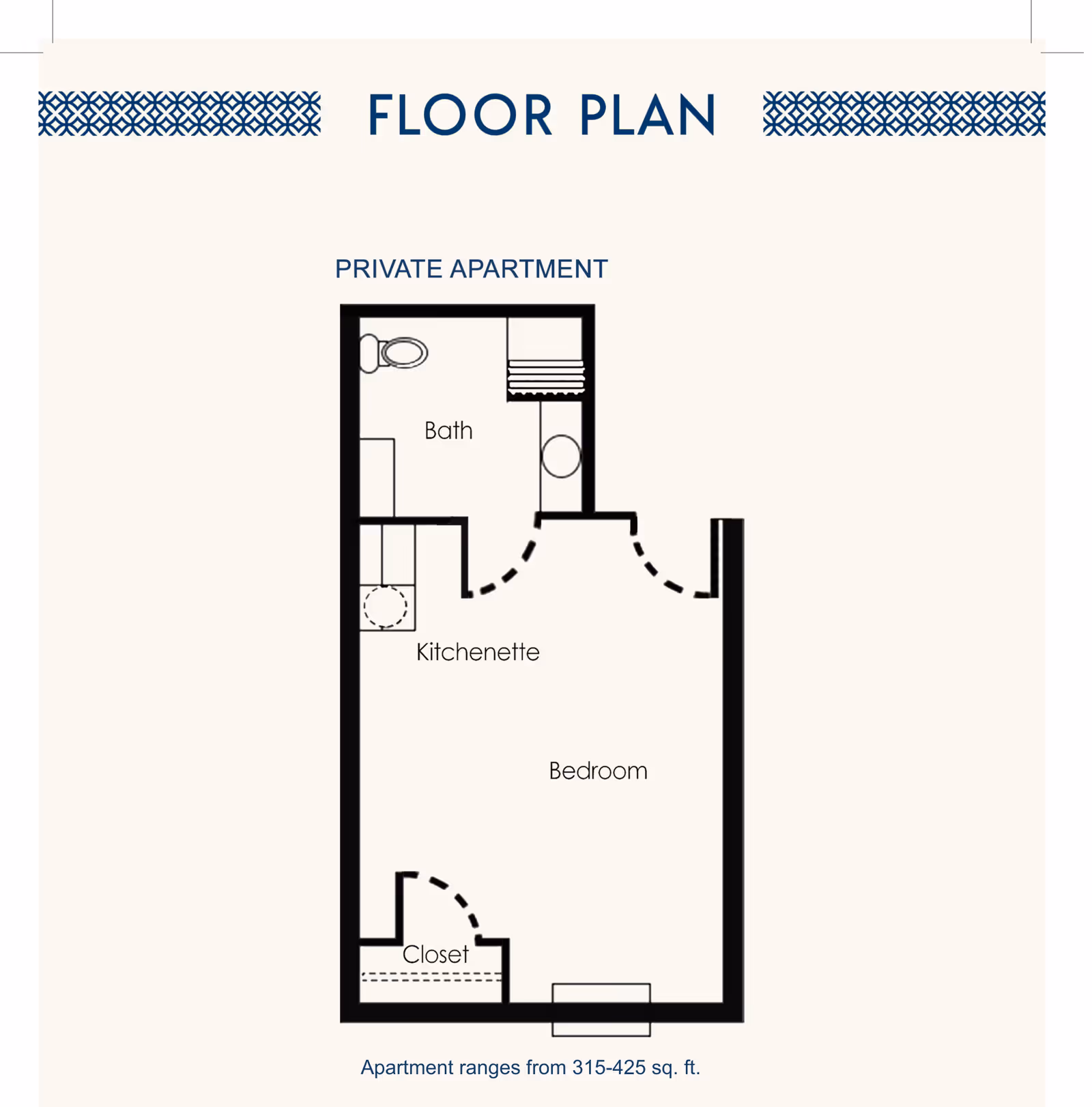 Floor plan of a private apartment showing a bedroom, kitchenette, bath, and closet. The apartment ranges from 315 to 425 square feet.