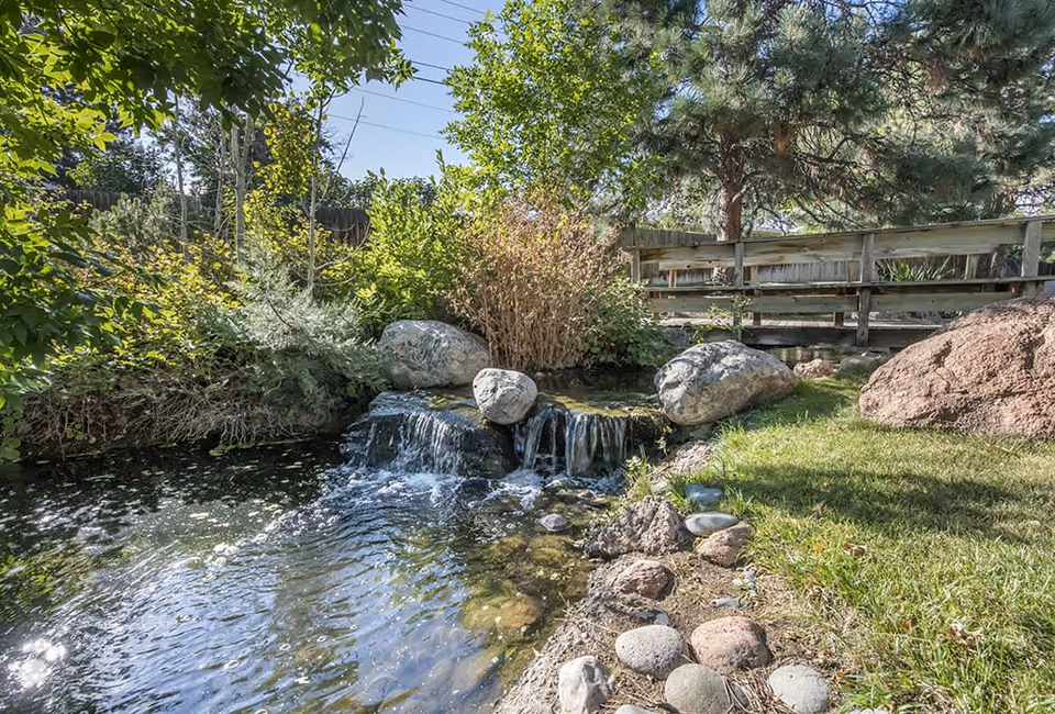 A serene outdoor garden area featuring a small waterfall flowing over rocks into a pond, surrounded by green grass, various bushes, trees, and a wooden footbridge in the background under a clear blue sky.