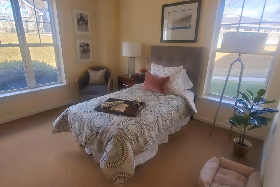 A cozy bedroom with a single bed covered in a patterned bedspread and decorative pillows. A tray with a book and a cup is placed on the bed. The room has two large windows letting in natural light, a gray armchair with a pillow, a wooden nightstand with a lamp and flowers, a floor lamp, a framed picture on the wall, a potted plant, and a pet bed on the floor.