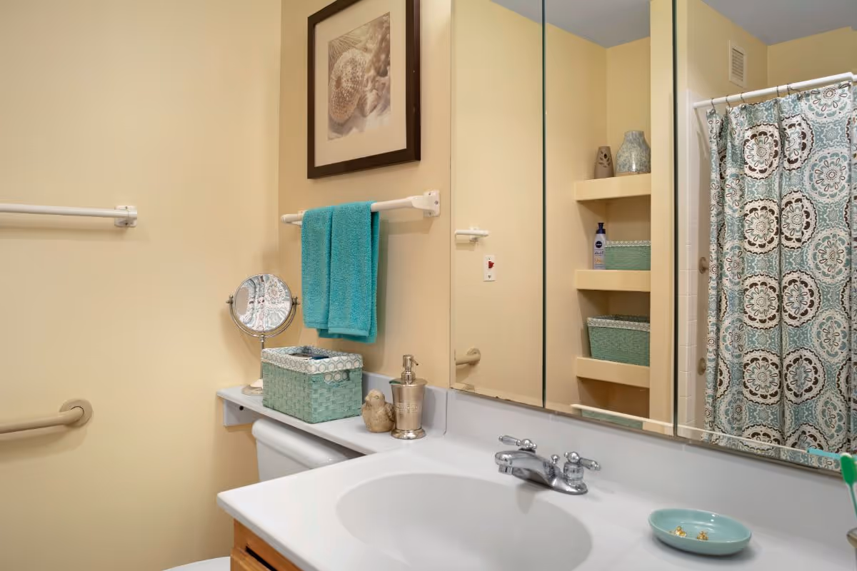 A bathroom with a white sink and countertop, a silver faucet, and a large mirror above. There is a teal towel hanging on a white towel rack, a small round mirror, a decorative basket, and a soap dispenser on the counter. In the background, there are built-in shelves with decorative items and a shower with a patterned blue and brown shower curtain.