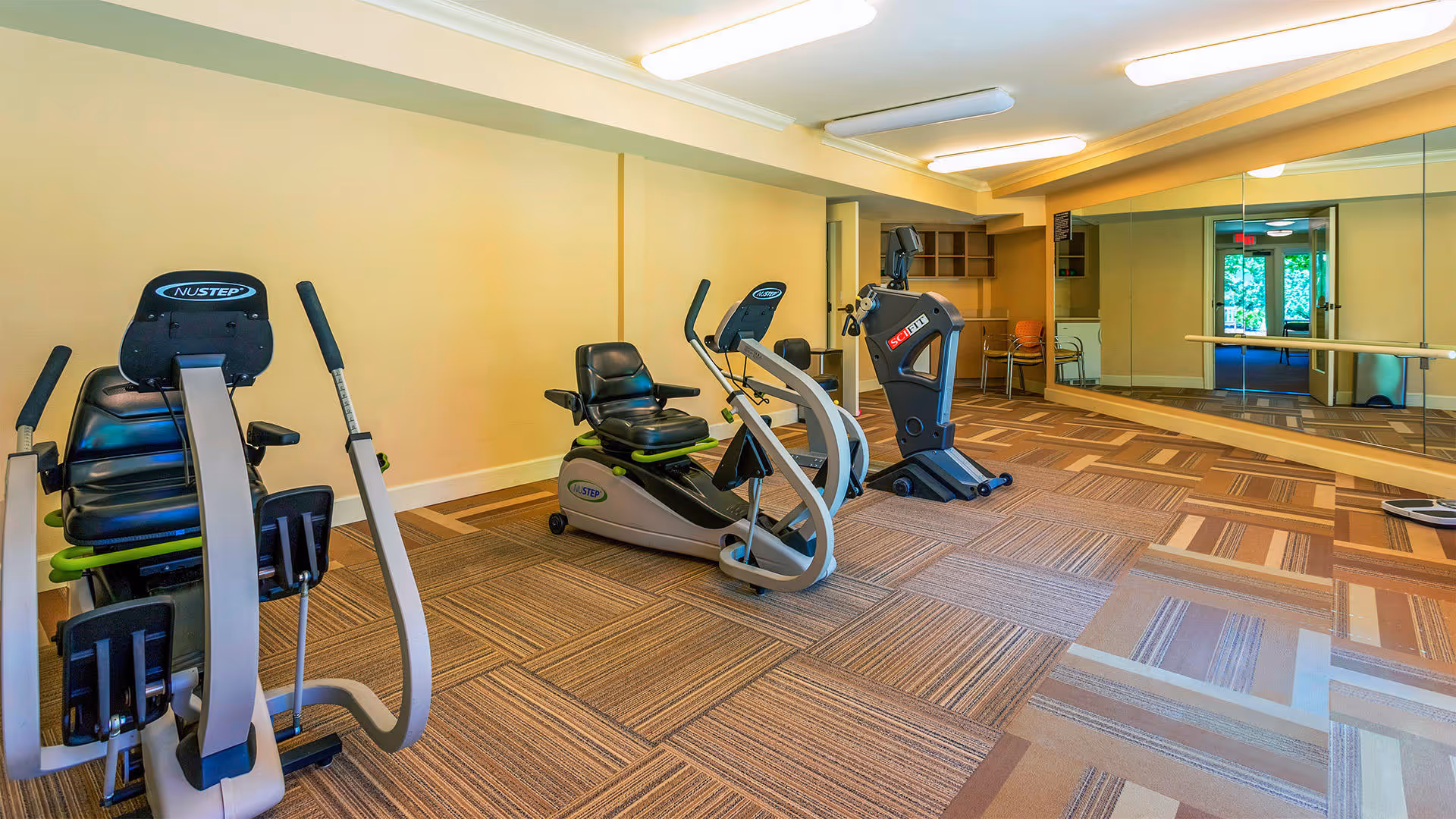 A fitness room with exercise equipment including two NuStep recumbent cross trainers and one other cardio machine. The room has beige walls, patterned carpet flooring, a large wall mirror, and a ceiling light fixture. There is a small desk and chair in the corner near the mirror.