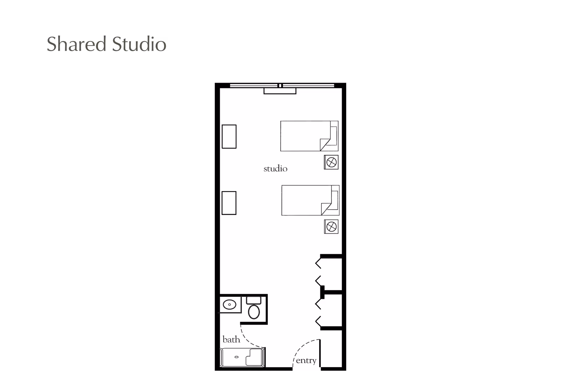 Floor plan of a shared studio apartment showing two beds, two nightstands, a bathroom with a sink, toilet, and shower, an entry door, and closet space.