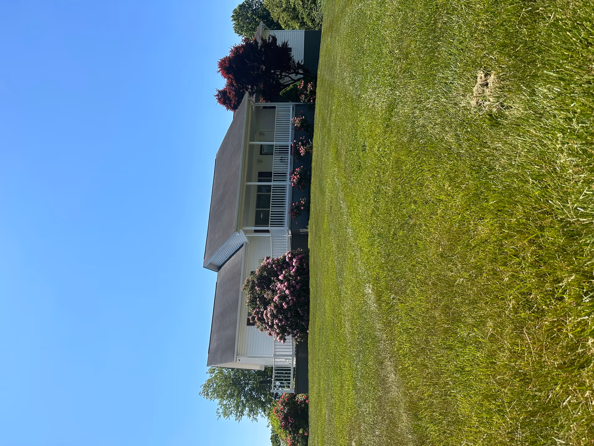 A single-story white house with a dark roof, a covered front porch with white railings, surrounded by green grass and flowering bushes under a clear blue sky.