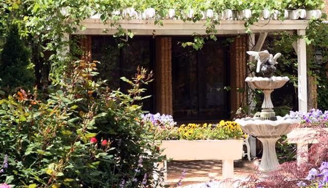 A garden area with lush green plants and colorful flowers surrounding a two-tiered stone fountain topped with a bird sculpture. In the background, there is a building facade with large windows and a pergola covered with climbing plants.