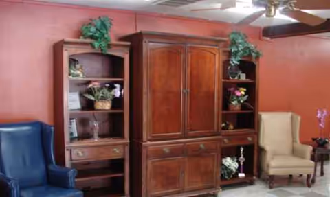 Wooden cabinets flank shelves with plants and chairs in a red-walled living room.