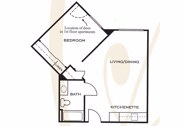 Floor plan of a one-bedroom apartment at Ashwood Place showing a bedroom, bathroom, kitchenette, and combined living/dining area. The bedroom has a linen closet and the location of the door in first floor apartments is indicated.