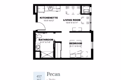 Floor plan of a studio apartment named Pecan at StoryPoint Schererville, showing a kitchenette, living room, bedroom, and bathroom with dimensions.