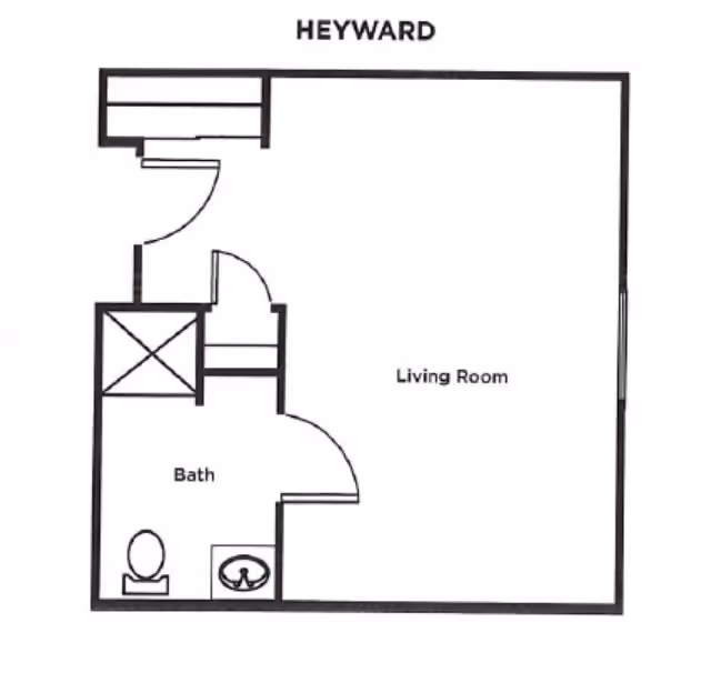 Floor plan labeled 'HEYWARD' showing a layout with a living room and a bathroom. The bathroom includes a toilet and a sink. There are doors connecting the bathroom to the living room and an entry area.