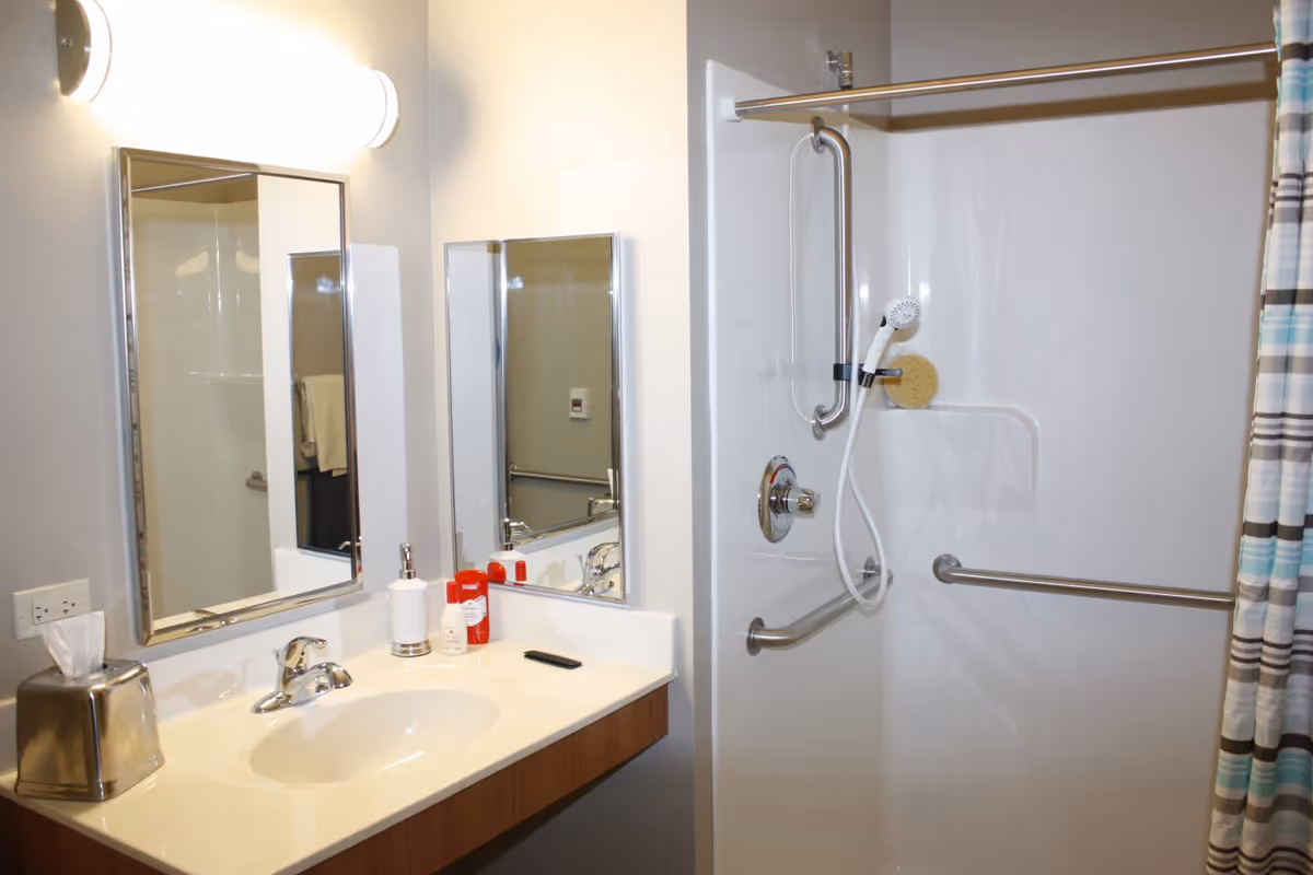 Bathroom with a sink and mirror next to an accessible shower with grab bars and a handheld showerhead.