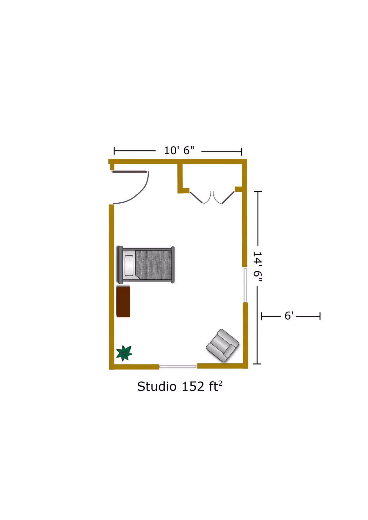 Floor plan of a studio apartment measuring 152 square feet, showing a bed, a small table, a chair, and a plant. The layout includes dimensions of 10 feet 6 inches by 14 feet 6 inches with a 6-foot closet space.