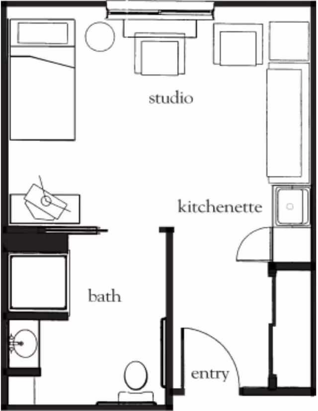 Floor plan of a studio apartment at Atria Grapevine showing an entry area, kitchenette, studio living and sleeping area with a bed, chair, and sofa, and a separate bathroom with a sink, toilet, and shower.