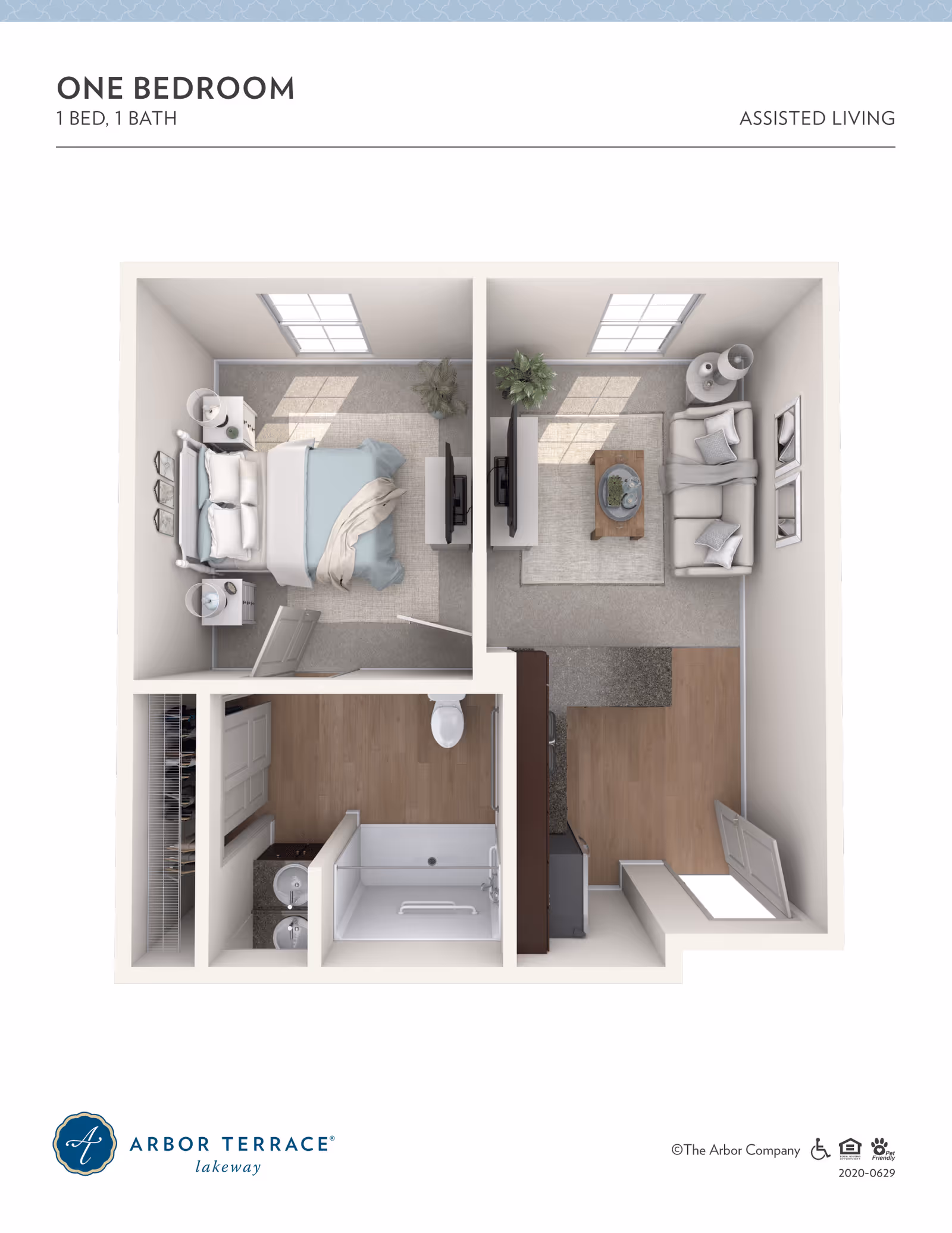 Top-down 3D floor plan of a one-bedroom, one-bath assisted living apartment showing a bedroom, living area, kitchenette and bathroom.