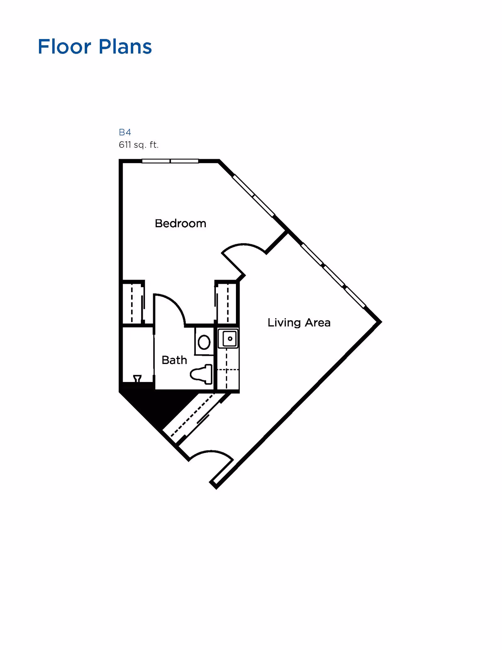 Floor plan layout of a 611 square feet unit labeled B4, showing a bedroom, bath, and living area with doors and windows marked.