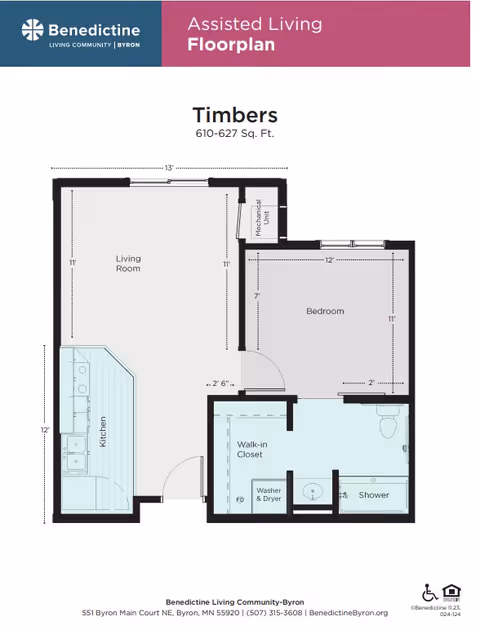 Assisted living floor plan titled 'Timbers' showing a living room, kitchen, bedroom, walk-in closet, washer & dryer, and bathroom/shower.