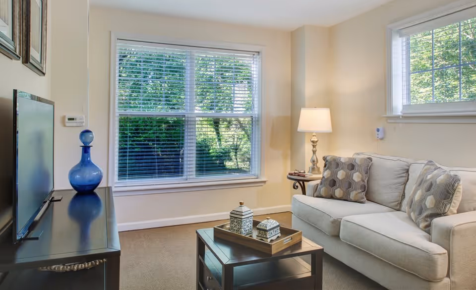 A cozy living room with a beige sofa adorned with patterned cushions, a wooden coffee table with decorative boxes, a side table with a lamp, and a TV on a dark wooden stand. Two windows with white blinds allow natural light to brighten the room.