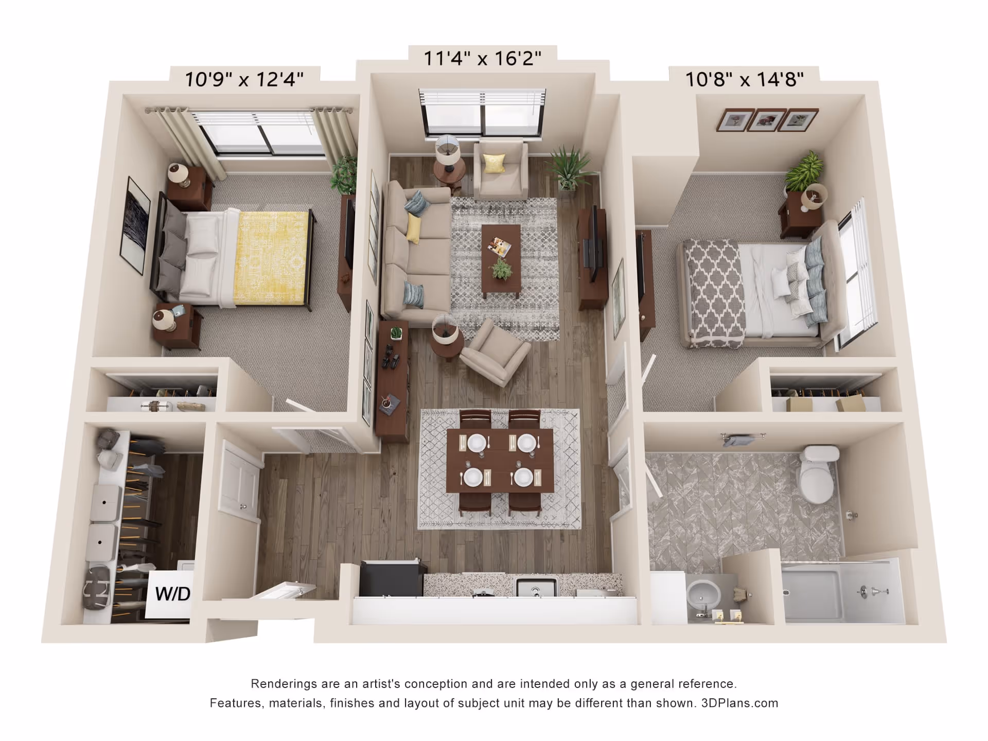 3D floor plan of a two-bedroom apartment featuring a living room with sofa, armchair, coffee table, and TV, a dining area with a table set for four, a kitchen with appliances, two bedrooms each with a bed and nightstands, a bathroom with a shower, toilet, and sink, and a laundry area with washer and dryer.