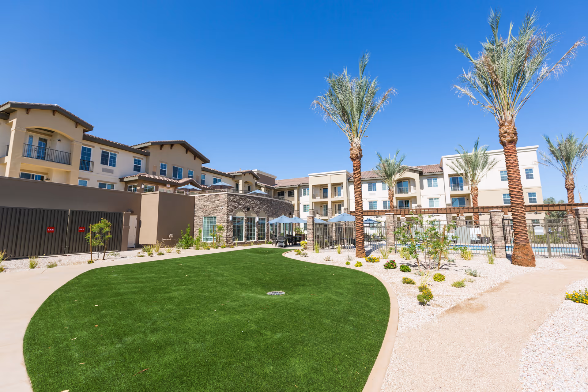 Outdoor view of The Enclave at Chandler Senior Living facility showing a well-maintained lawn area with palm trees, landscaped garden beds with desert plants, and a multi-story building in the background under a clear blue sky.