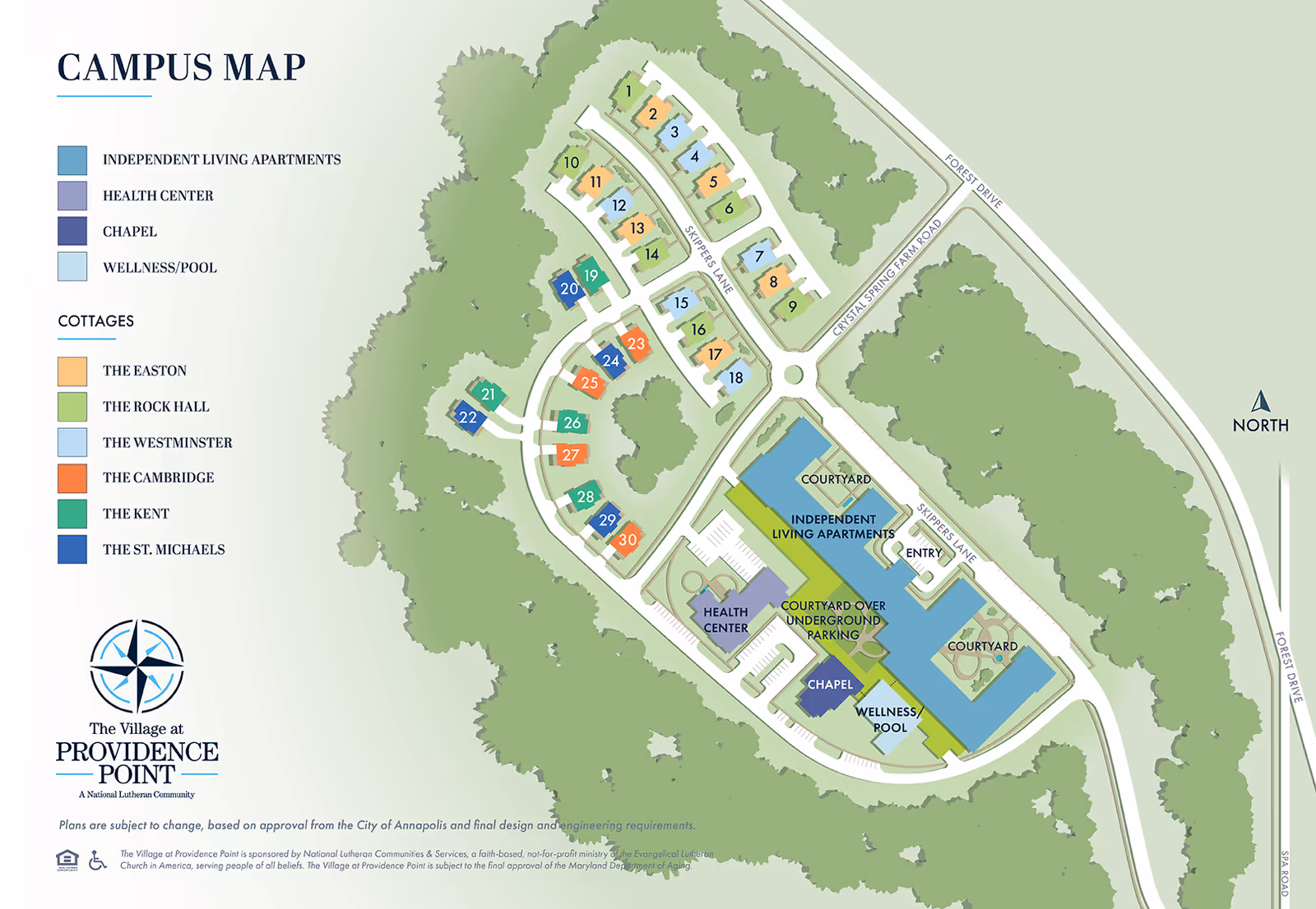 Campus map of The Village at Providence Point showing layout of independent living apartments, health center, chapel, wellness/pool, and various cottages including The Easton, The Rock Hall, The Westminster, The Cambridge, The Kent, and The St. Michaels. The map includes roads, courtyards, underground parking, and a north directional arrow.