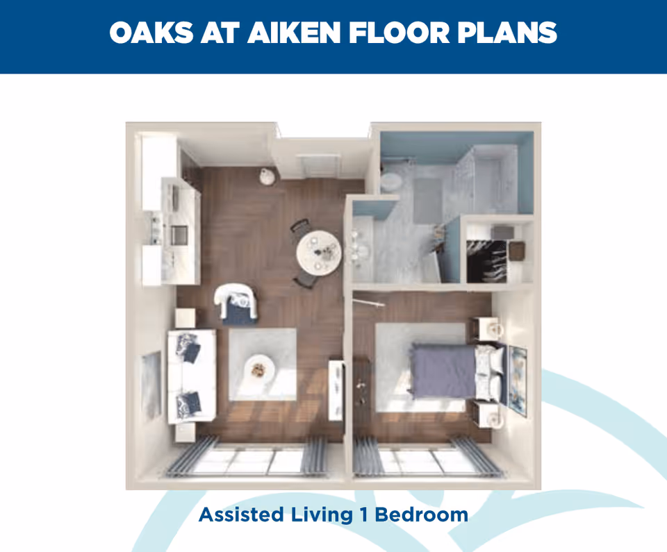 Floor plan of Oaks at Aiken Assisted Living 1 Bedroom unit showing a living room with sofa and chair, a dining area with a round table and two chairs, a kitchen area, a bedroom with a bed and nightstands, and a bathroom with a shower and toilet.