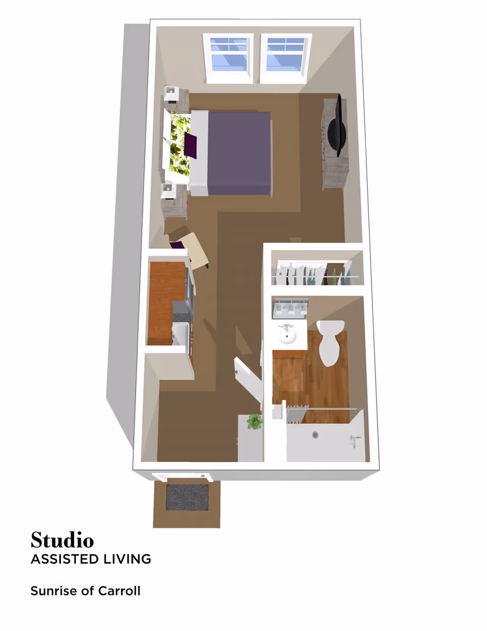 3D floor plan of a studio assisted living apartment featuring a combined living and sleeping area with a bed, nightstands, a chair, and a TV on a stand. The layout includes a small kitchen area with appliances and cabinetry, and a bathroom with a sink, toilet, and shower. There is a closet space next to the bathroom. The entrance is at the bottom of the image.